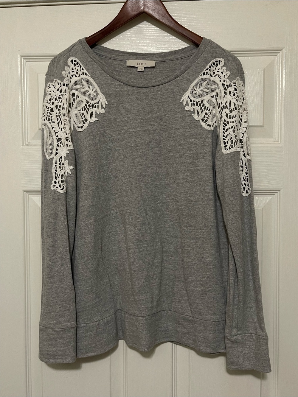 LOFT Gray Sweatshirt with White Lace Shoulder Appliqué